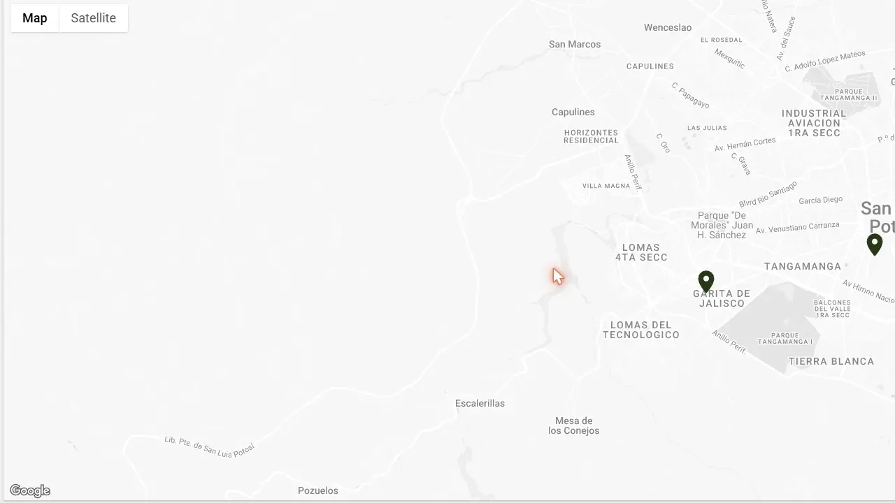 Mapa de San Luis Potosí con las tres sucursales Tangassi